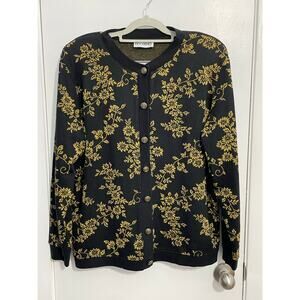 Vintage Eccobay Cardigan Sweater XL Black Gold Floral Preppy Regency Holidays